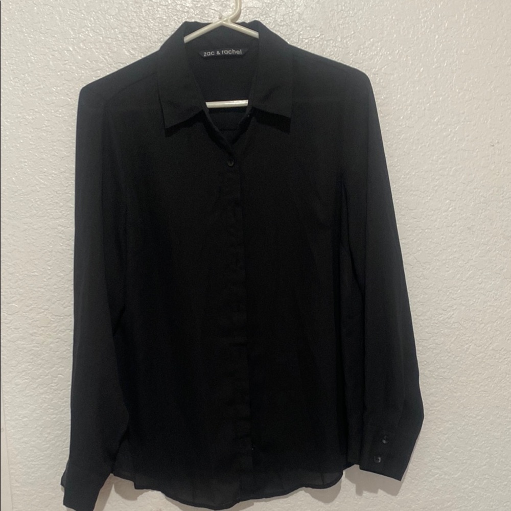 Zac & Rachel Black Pleated Back Blouse Womens Medium Sheer Button Front Top